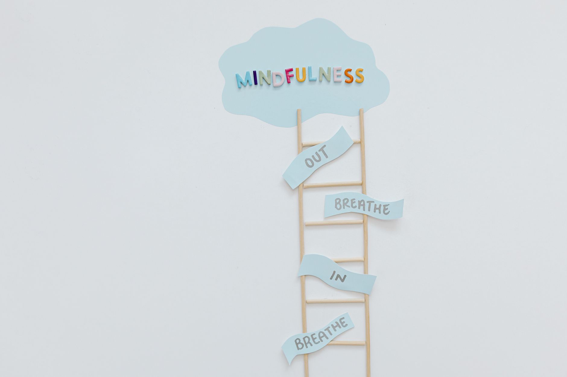 Echelle avec le mot mindfulness et des etapes de respiration