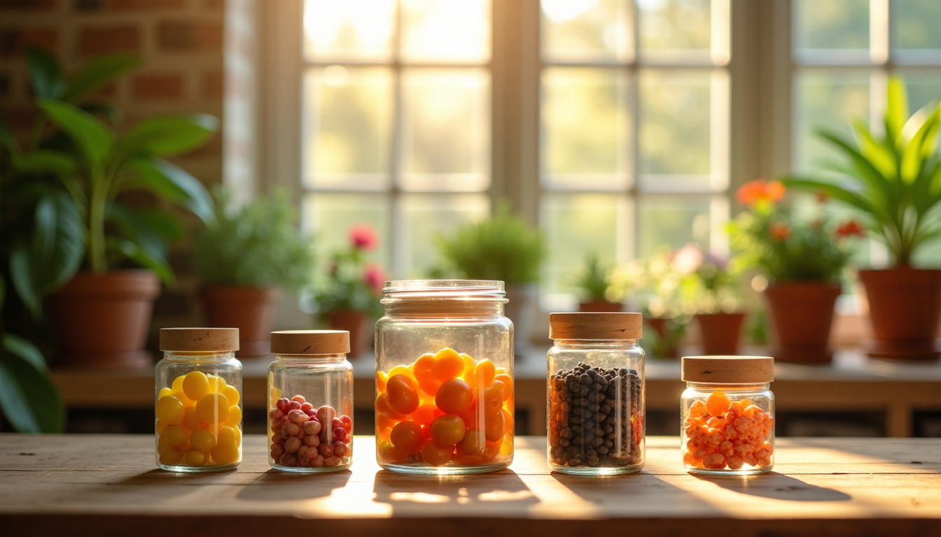 Bocaux de compléments alimentaires végétaux sur une table